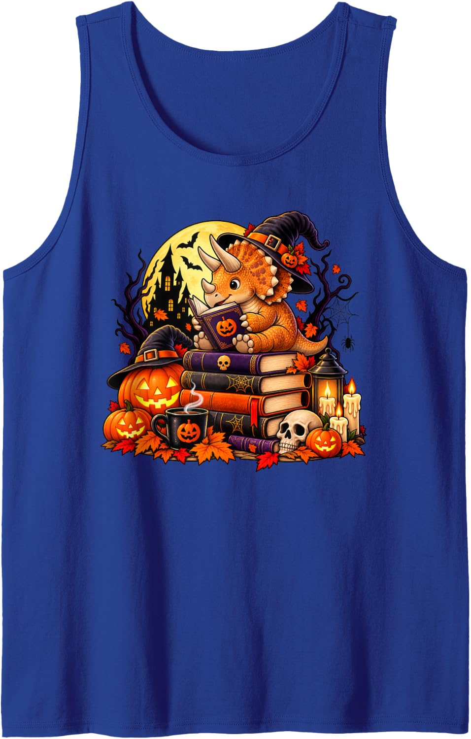 Triceratops Dinosaur Reading Book Nerd Halloween Sleeveless Tank Top - Royal Blue