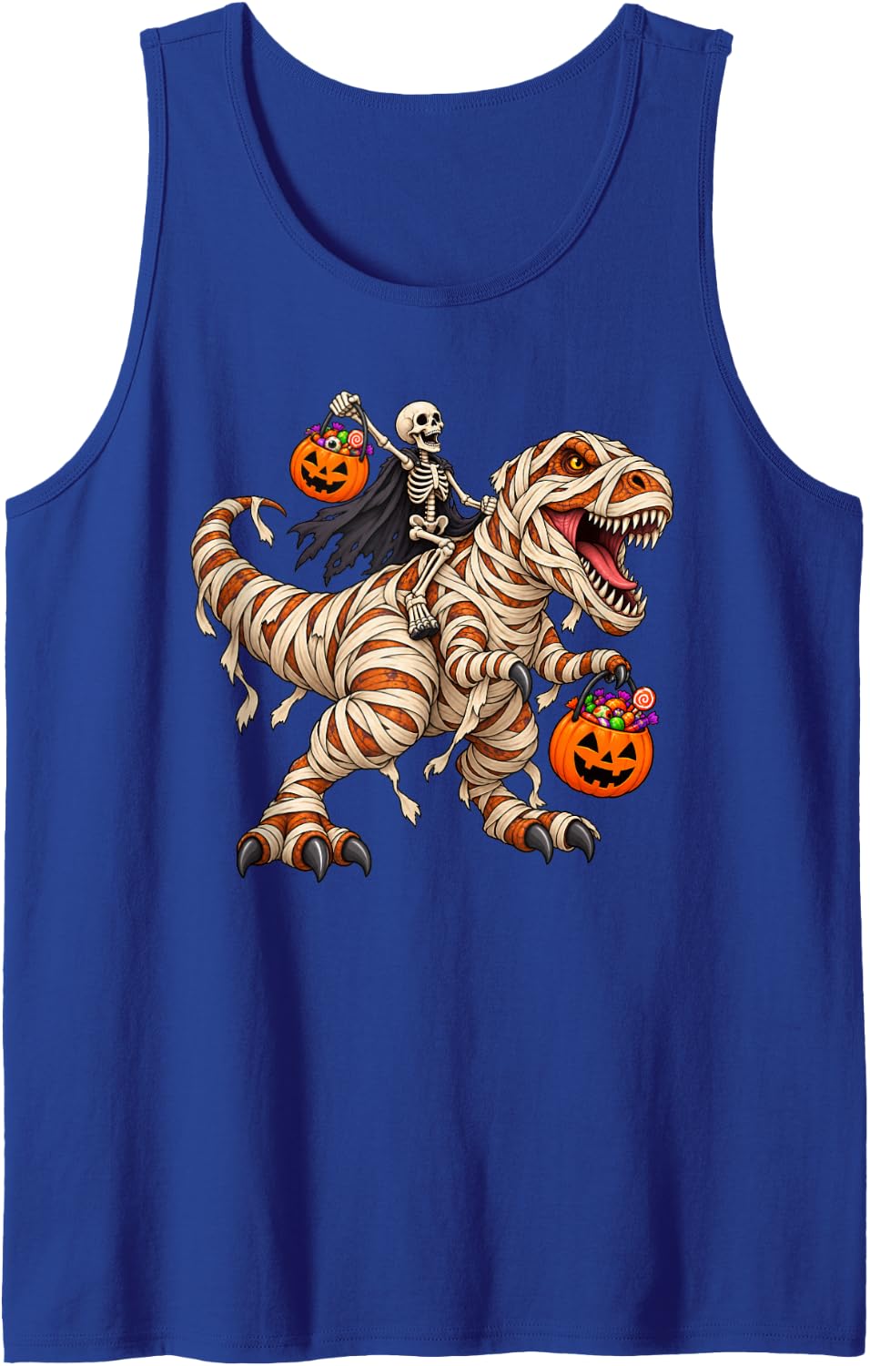 Skeleton Riding Mummy T-Rex Dinosaur Funny Pumpkin Halloween Sleeveless Tank Top - Royal Blue