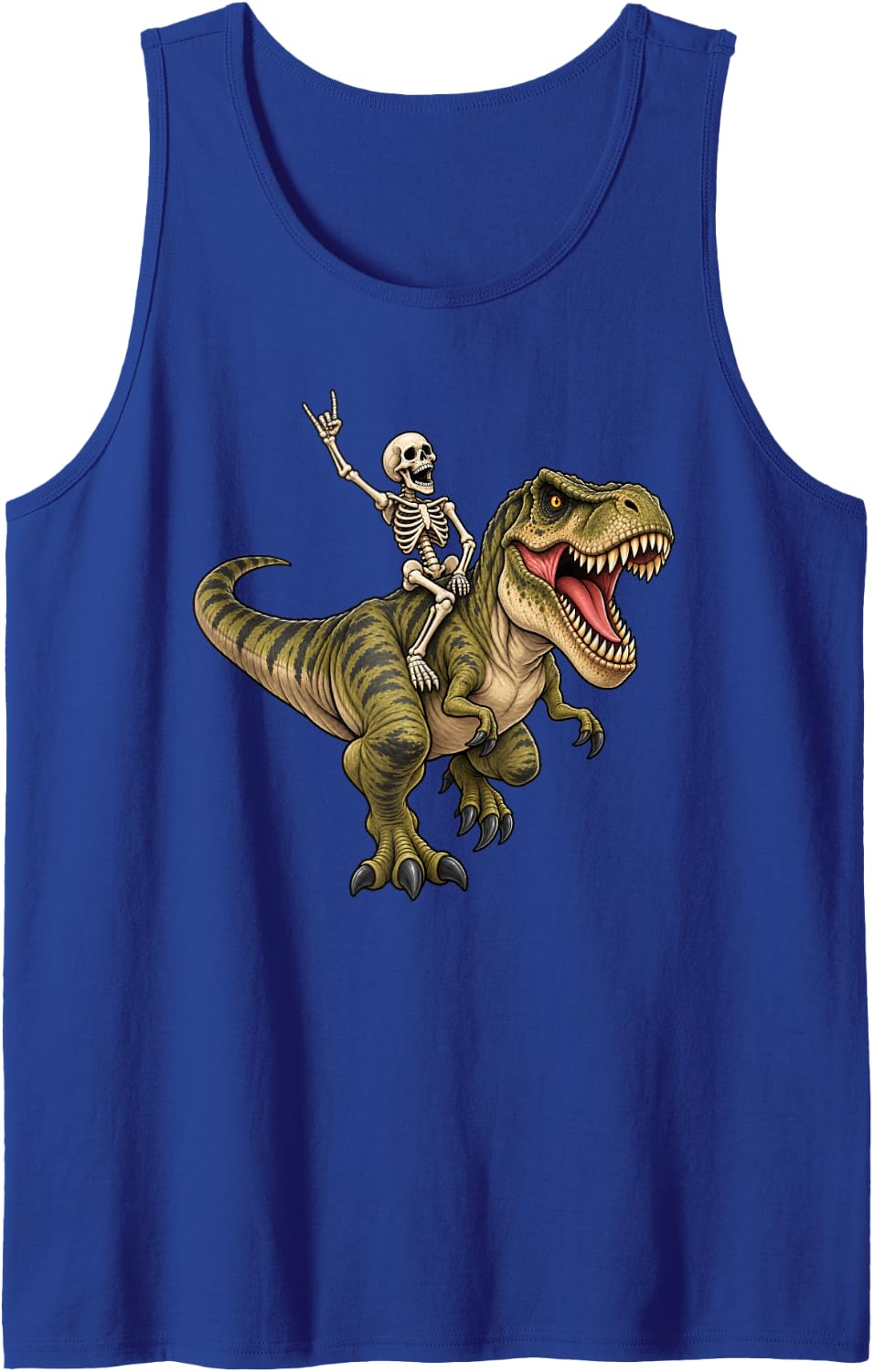 Skeleton Riding T-Rex Dinosaur Funny Halloween Sleeveless Tank Top - Royal Blue