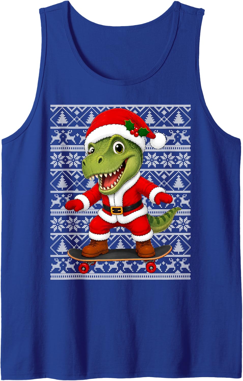Santa Festive Skateboarding T-Rex Dinosaur Christmas Ugly Sleeveless Tank Top - Royal Blue