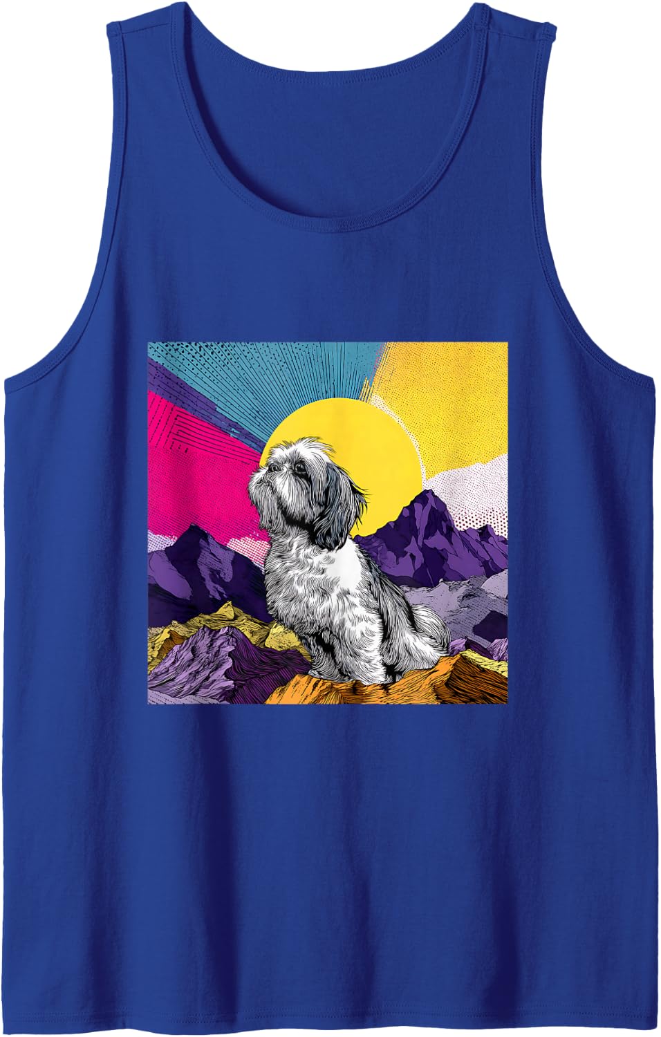 Havanese Dog Mountain Sunrise Pop Art Sleeveless Tank Top - Royal Blue
