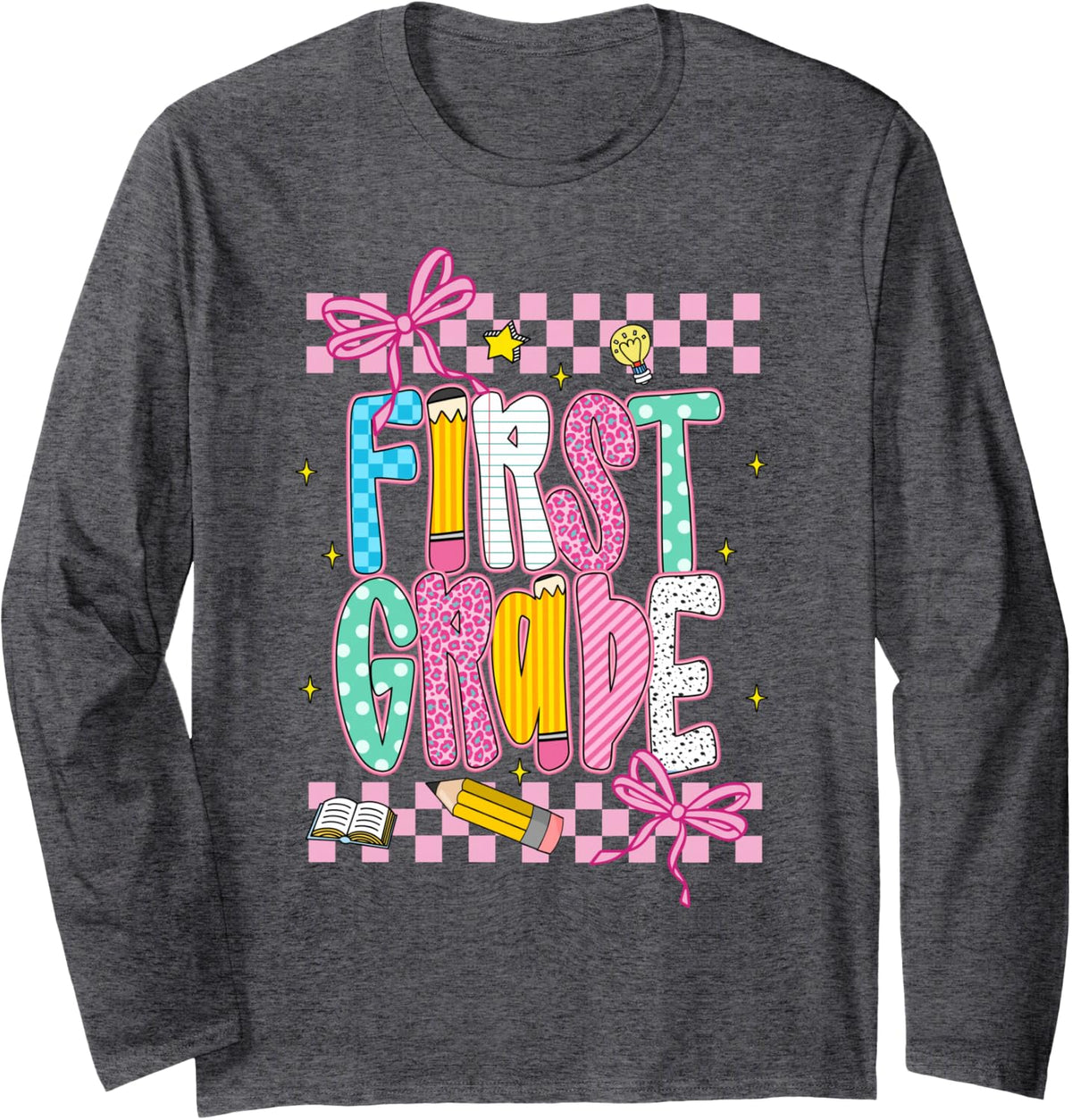 Preppy First Grade Back to School 1st Grade Teachers Girls Long Sleeve T-Shirt - Adult Unisex Dark Heather Grey