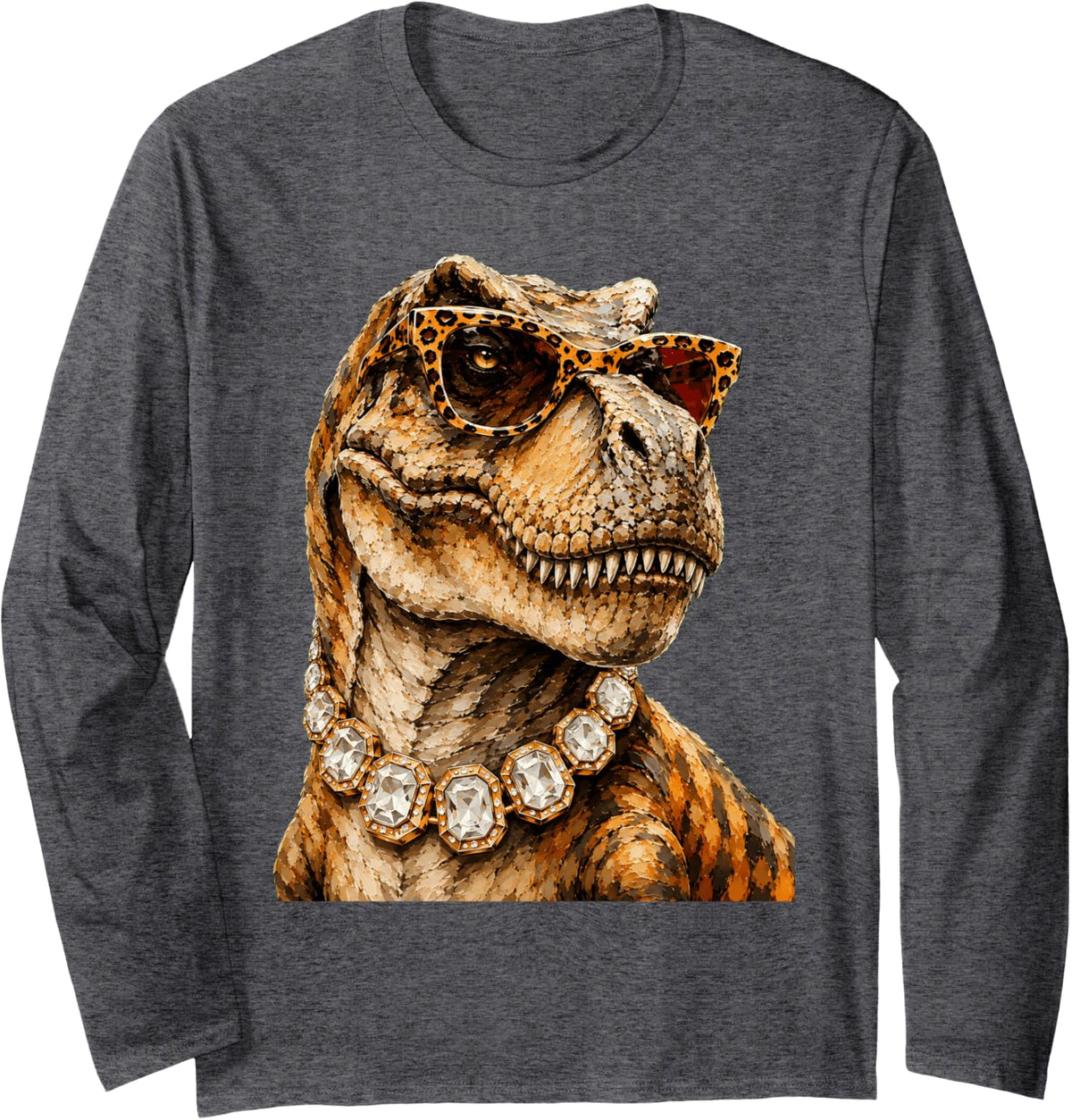 Cool Dinosaur Roar Leopard Sunglasses Funny Humor Long Sleeve T-Shirt - Adult Unisex Dark Heather Grey