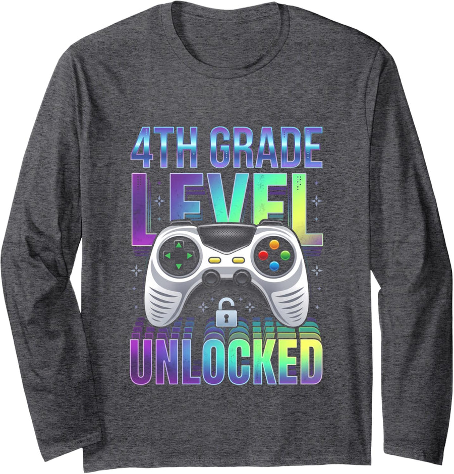 4th Grade Gamer Level Gaming Teacher Long Sleeve T-Shirt - Adult Unisex Dark Heather Grey