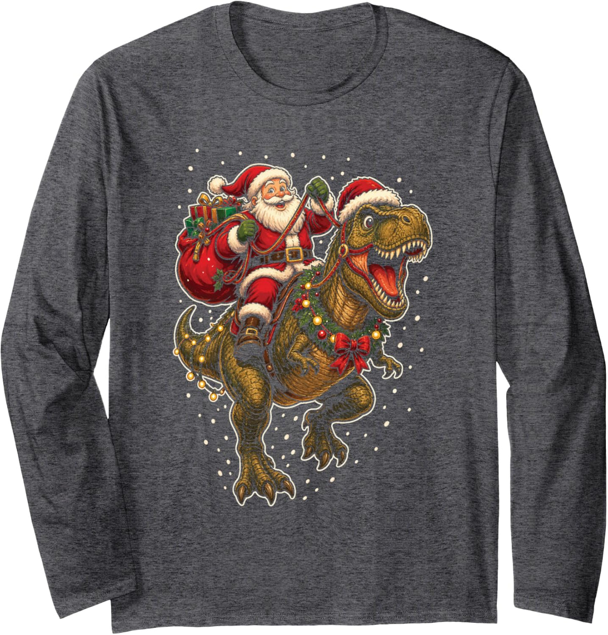 Dinosaur Christmas Santa Claus Riding T Rex Funny Holiday Long Sleeve T-Shirt - Adult Unisex Dark Heather Grey
