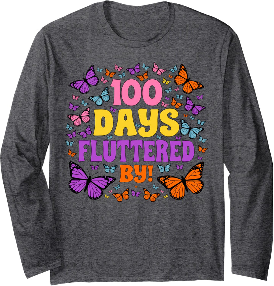 100 Days Fluttered By Butterfly 100th Day of School Long Sleeve T-Shirt - Adult Unisex Dark Heather Grey