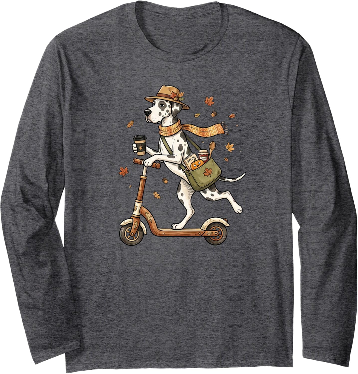 Funny Autumn Scooter Great Dane Thanksgiving Womens Mens Kid Long Sleeve T-Shirt - Adult Unisex Dark Heather Grey