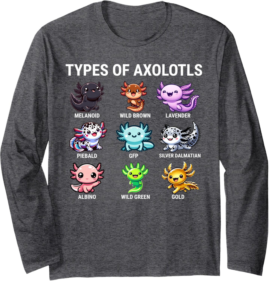 Types Of Axolotls Kawaii Axolotls Long Sleeve T-Shirt - Adult Unisex Dark Heather Grey