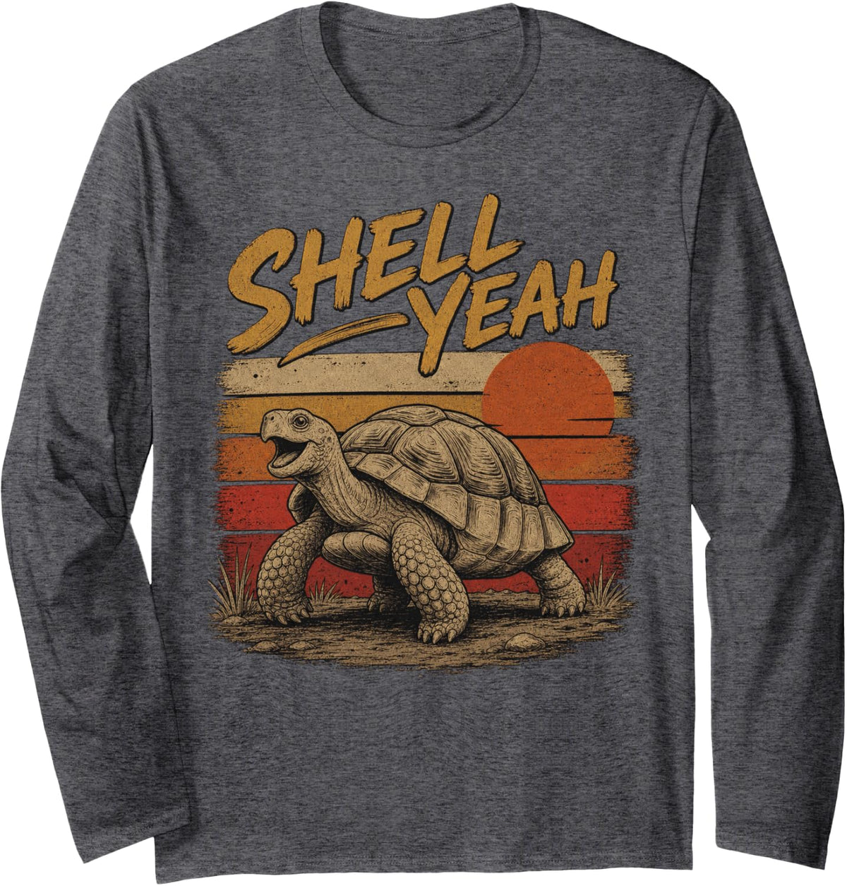 Vintage Tortoise Illustration with Retro Sunset Stripes Long Sleeve T-Shirt - Adult Unisex Dark Heather Grey
