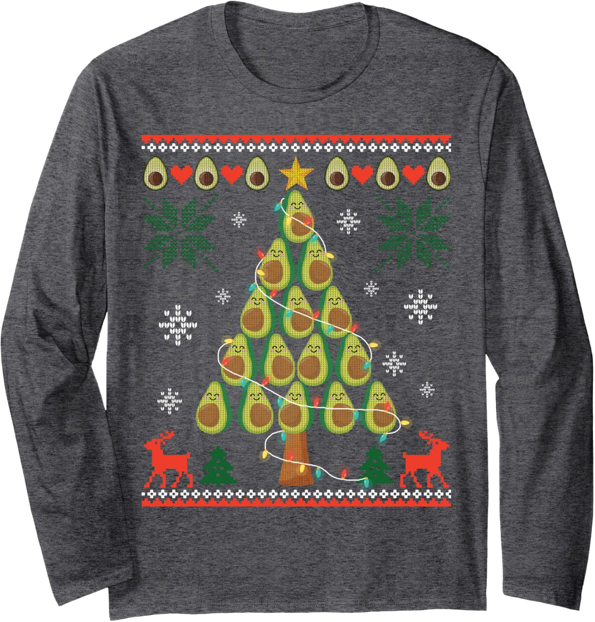 Avocado Christmas Tree - Avocado Lover Ugly Xmas Sweater Long Sleeve T-Shirt - Adult Unisex Dark Heather Grey
