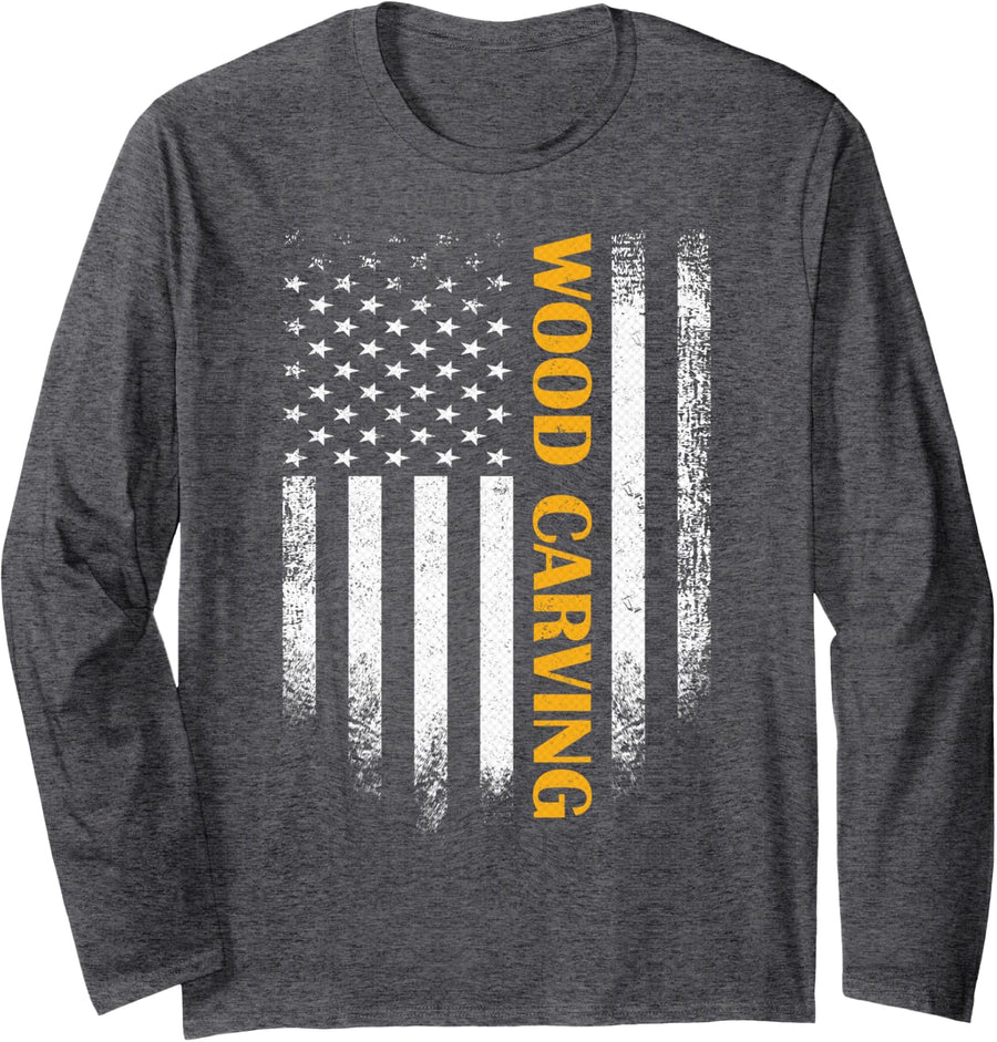 Vintage USA American Flag Wood Carving Whittling Woodworking Long Sleeve T-Shirt - Adult Unisex Dark Heather Grey