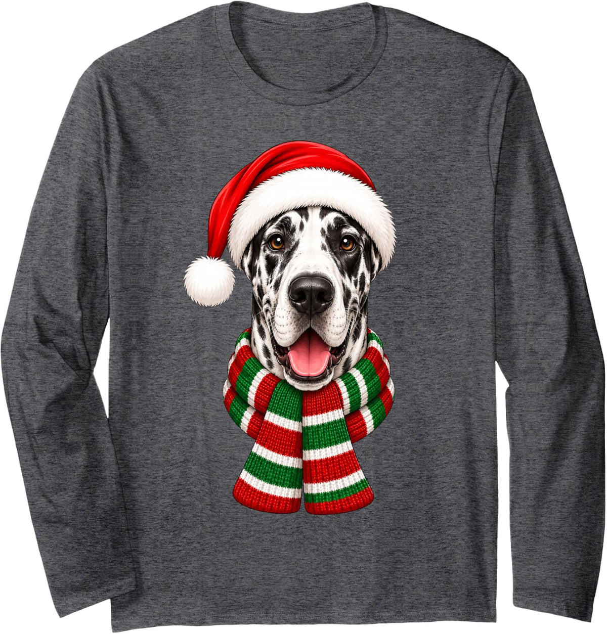 Great Dane Dog Christmas Santa Hat Scarf Festive Xmas Long Sleeve T-Shirt - Adult Unisex Dark Heather Grey
