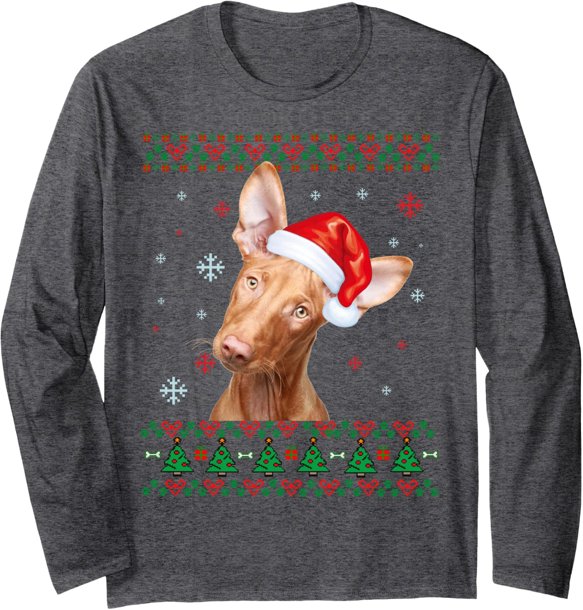 Pharaoh Hound Christmas Santa Ugly Sweater Dog Long Sleeve T-Shirt - Adult Unisex Dark Heather Grey