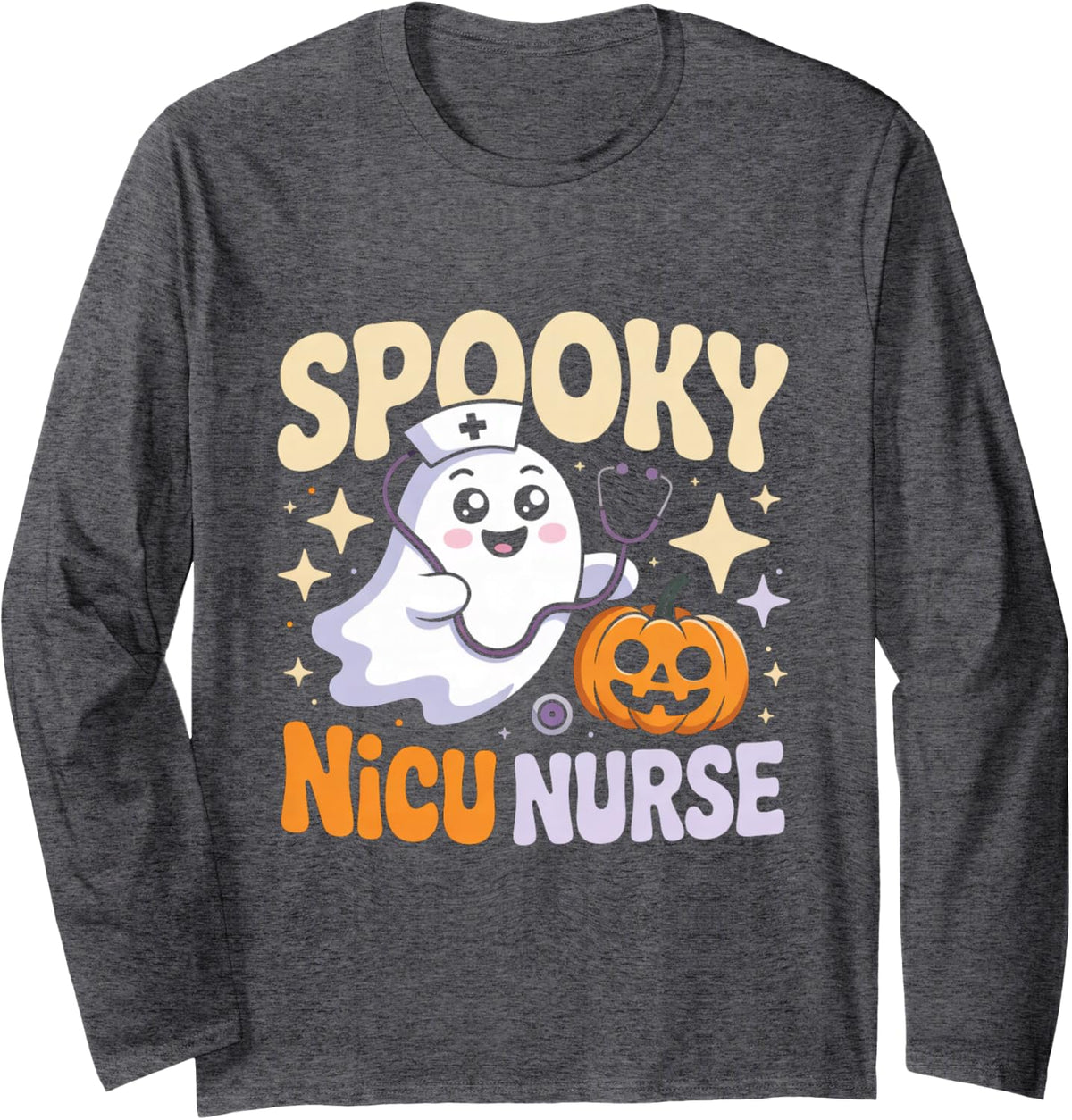 Spooky NICU Nurse Halloween Neonatal ICU Ghost Humor Long Sleeve T-Shirt - Adult Unisex Dark Heather Grey