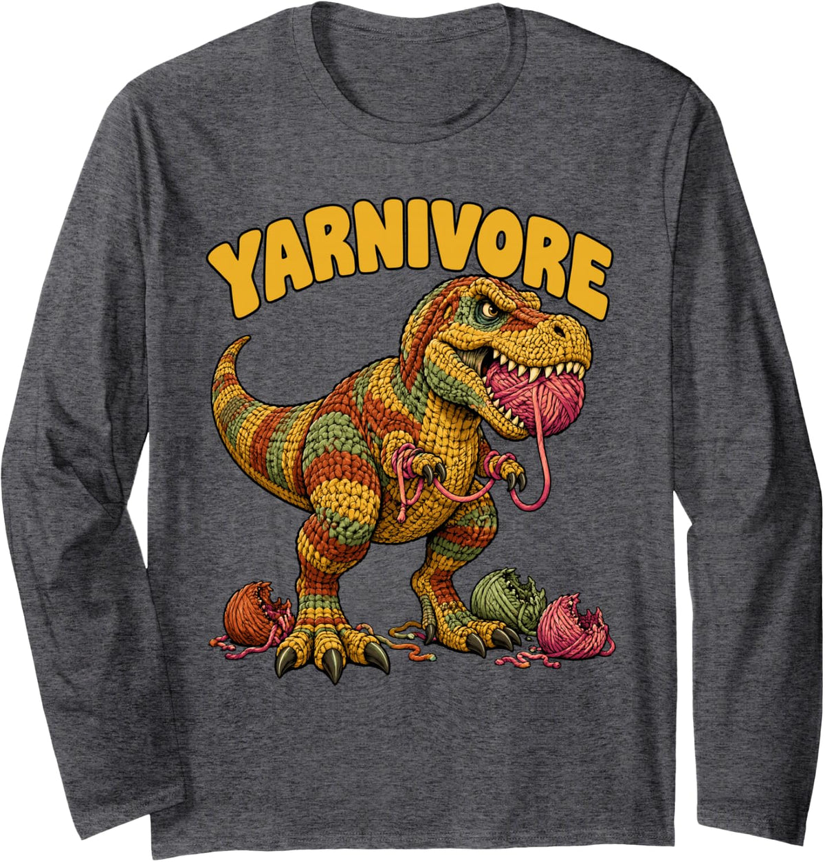 Yarnivore Crochet Dinosaur Trex Yarn Lover Funny Long Sleeve T-Shirt - Adult Unisex Dark Heather Grey