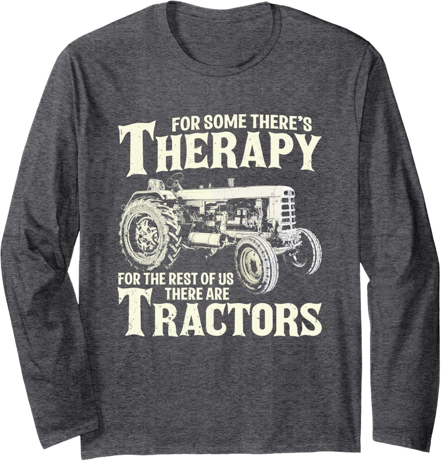 Funny Tractor Farmer Therapy Vintage Farm Tractor Farming Long Sleeve T-Shirt - Adult Unisex Dark Heather Grey