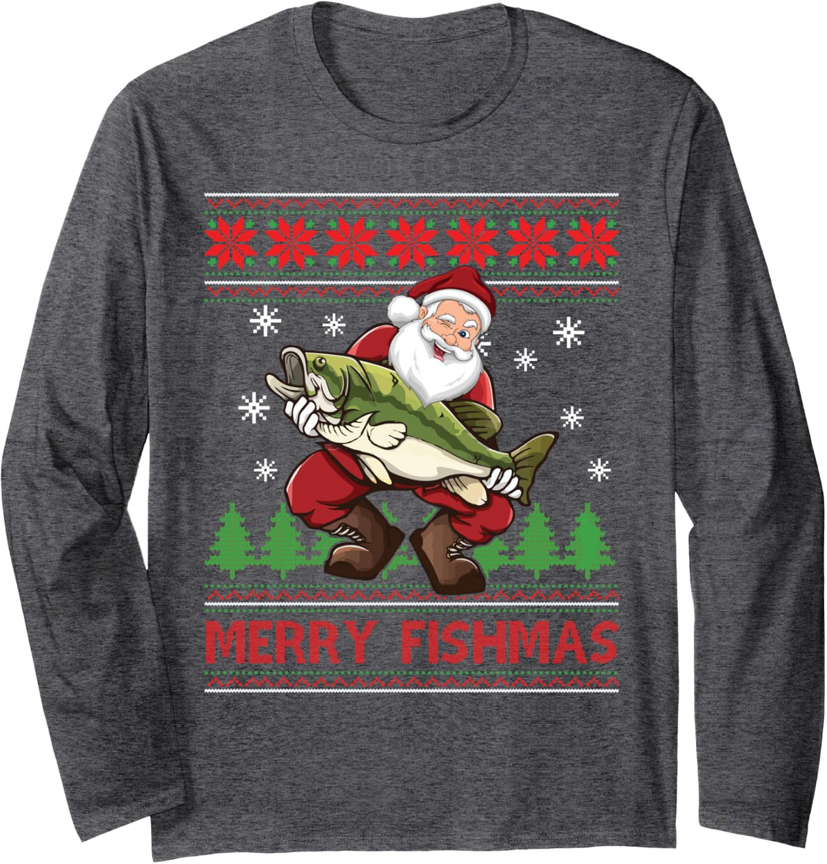 Merry Fishmas Santa Fishing Ugly Christmas Sweater Style Long Sleeve T-Shirt - Adult Unisex Dark Heather Grey
