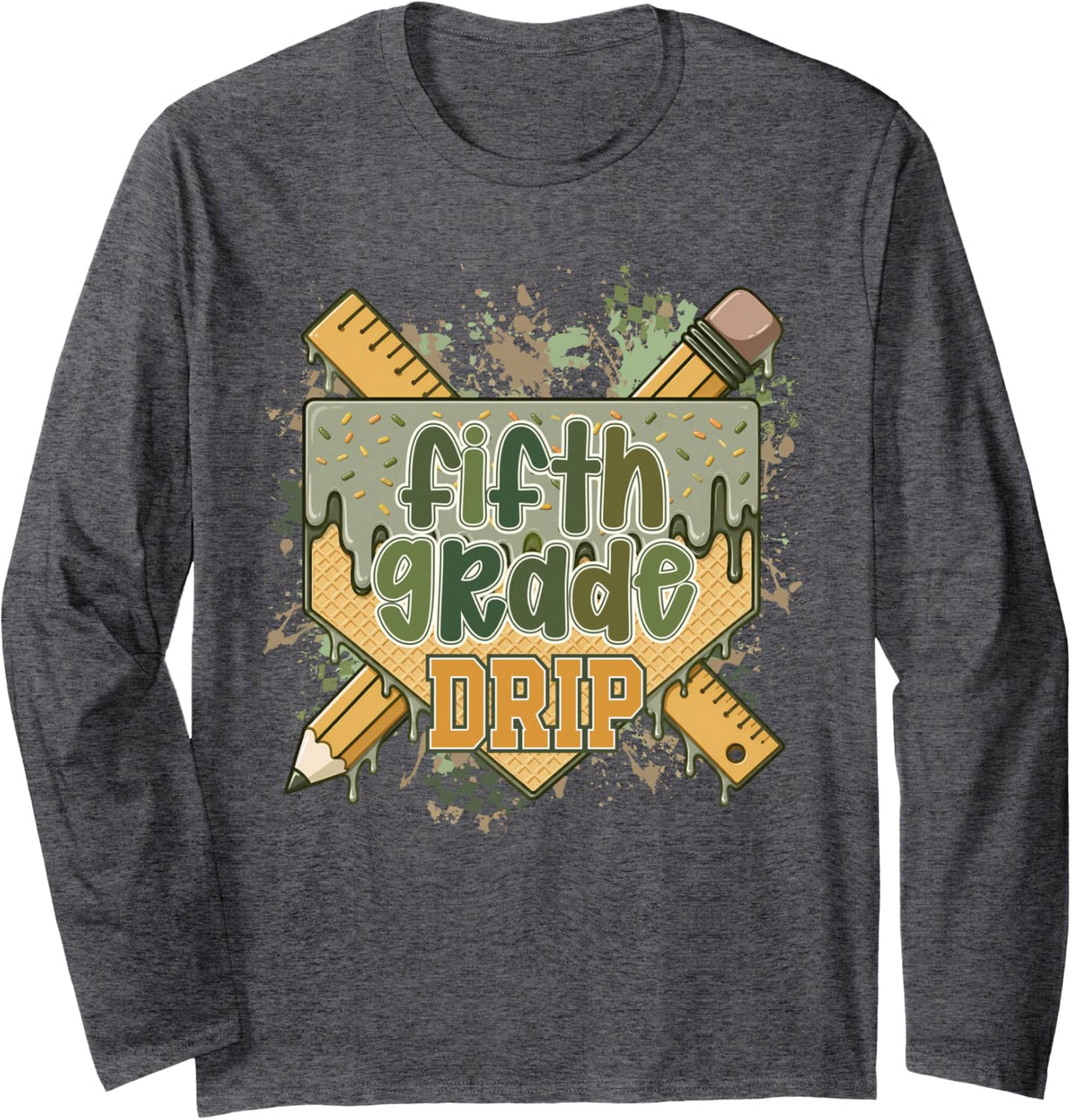 5th Grade Back to School Baseball Drip Ice Cream Game On Long Sleeve T-Shirt - Adult Unisex Dark Heather Grey
