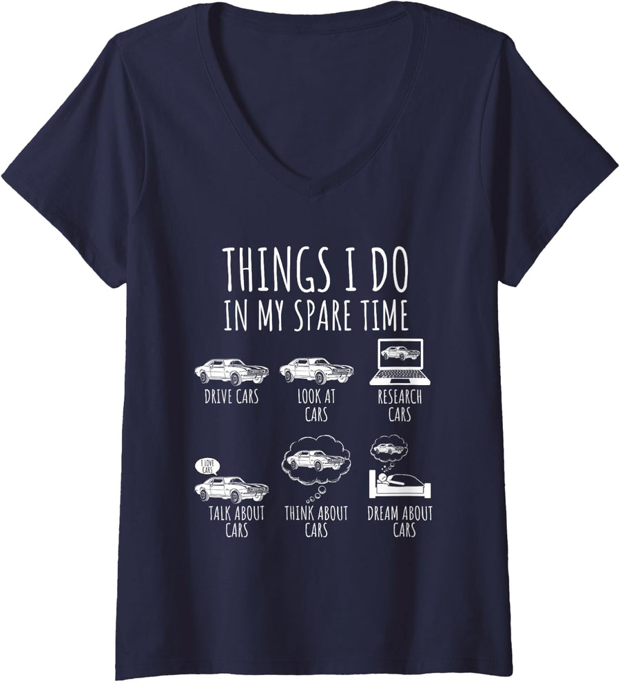 Women's Things I Do in My Spare Time Funny Car Guy Car Enthusiast V-Neck T-Shirt - Navy Blue