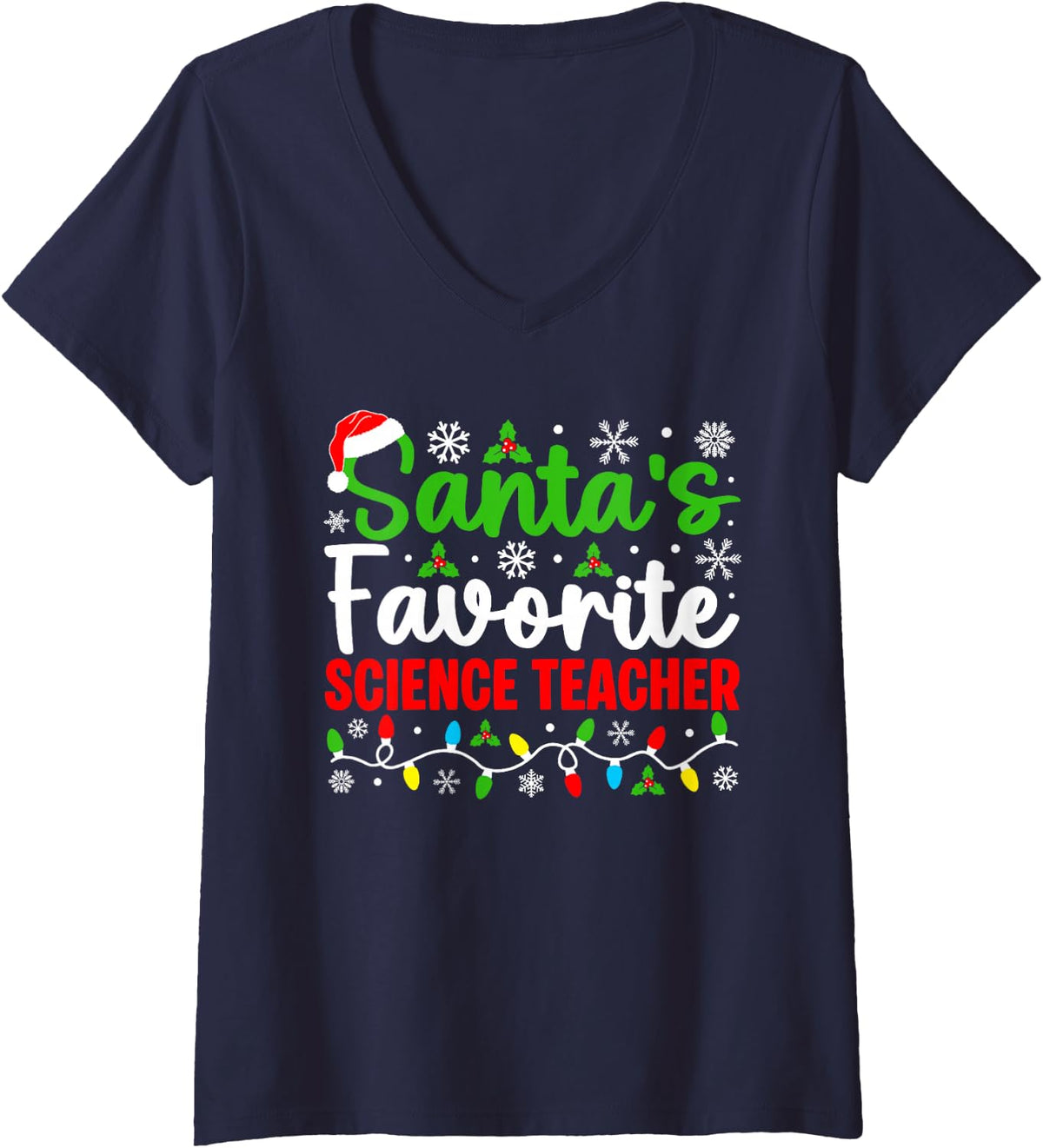 Women's Santa's Favorite Science Teacher Funny Christmas V-Neck T-Shirt - Navy Blue