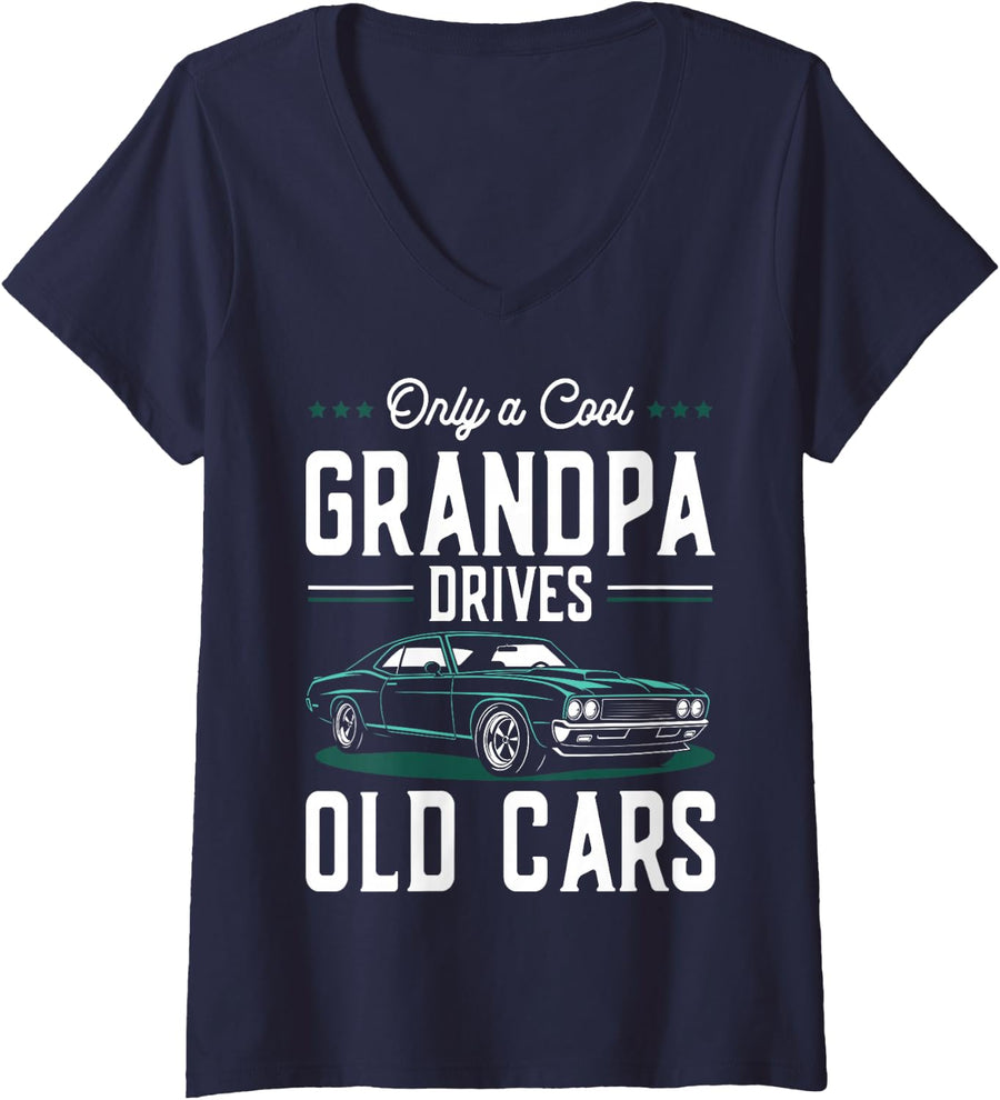 Women's Cool Grandpa Drives Old Cars Retro Classic Car Enthusiast V-Neck T-Shirt - Navy Blue