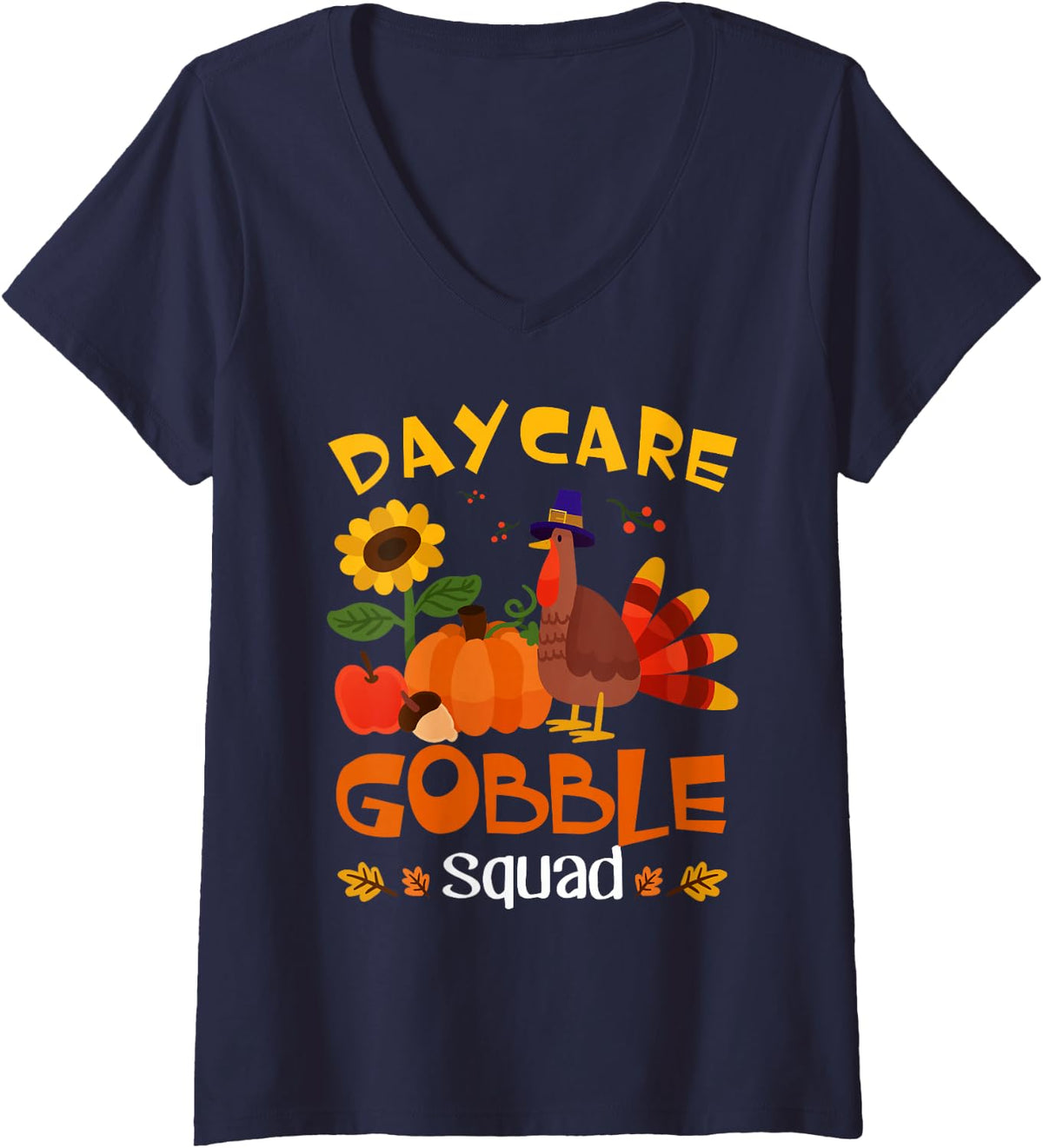 Women's Daycare Gobble Squad Turkey Thanksgiving V-Neck T-Shirt - Navy Blue