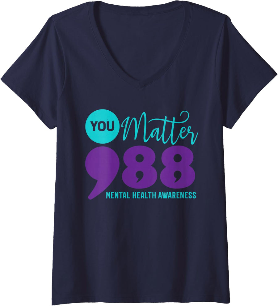 Women's You Matter 988 Mental Health Awareness Semicolon Suicidal V-Neck T-Shirt - Navy Blue