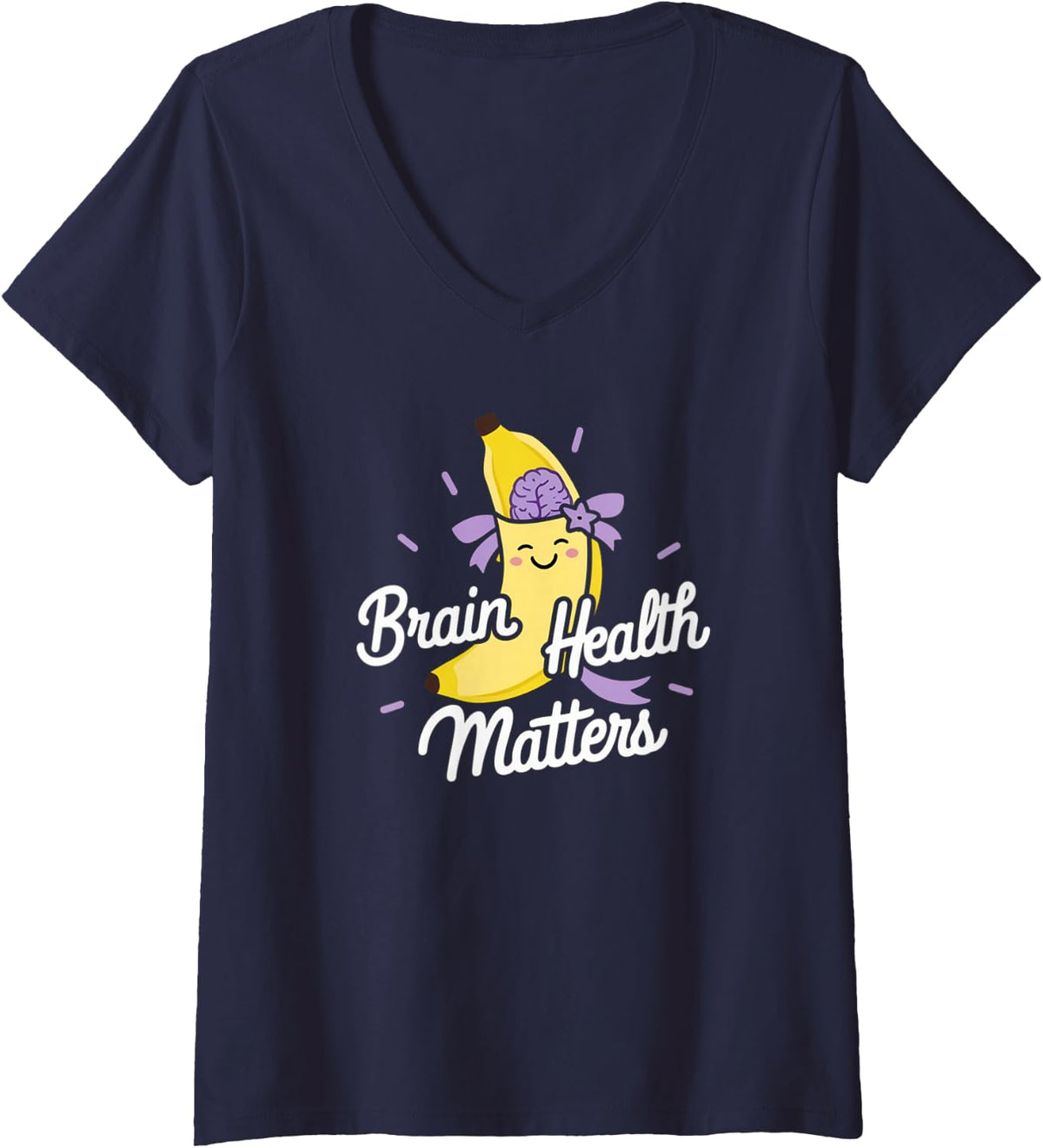 Women's Brain Health Matters Kawaii Banana Alzheimer’s tee V-Neck T-Shirt - Navy Blue