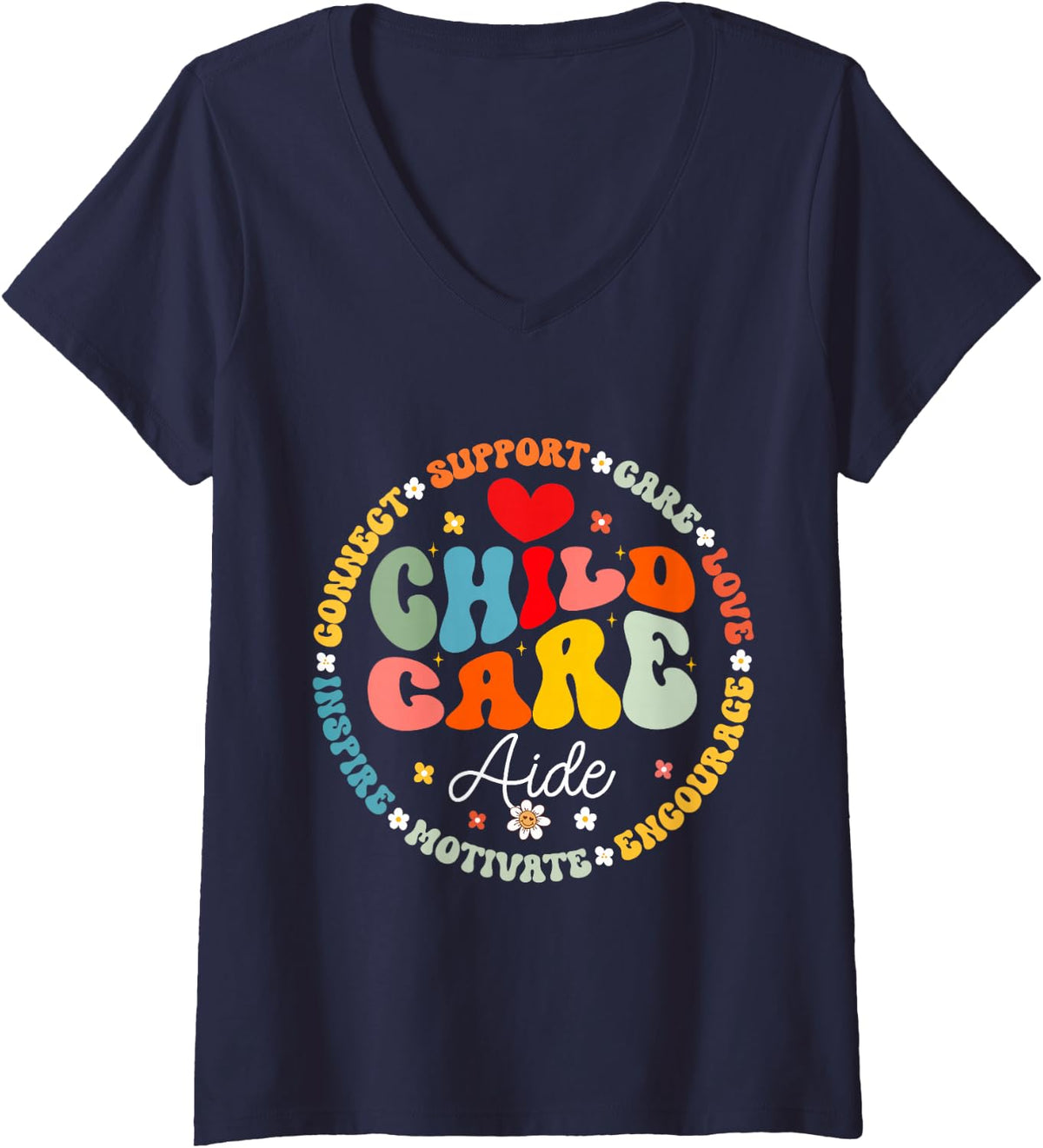 Women's Childcare Aide Life Daycare Crew School Provider Teacher V-Neck T-Shirt - Navy Blue