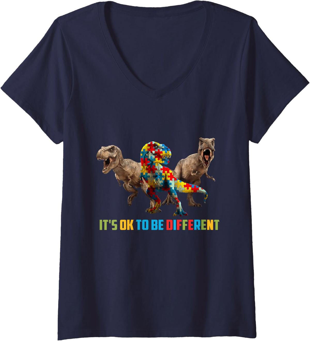 Women's It's Ok to Be Different Dinosaur Funny Autism Awareness Tees V-Neck T-Shirt - Navy Blue