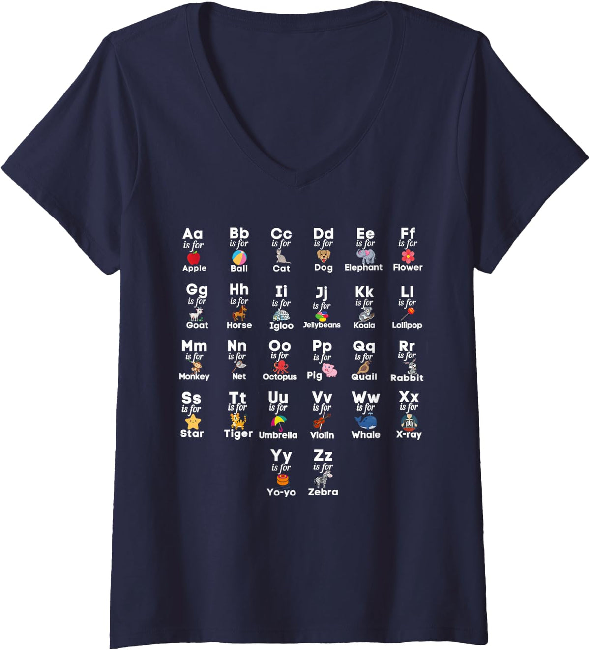 Women's A to Z Alphabet Pre-School Kindergarten Teacher Student Kids V-Neck T-Shirt - Navy Blue