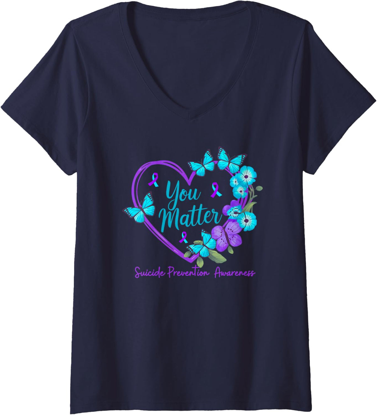 Womens Suicide Prevention Awareness Teal Purple Ribbons You Matters V-Neck T-Shirt - Navy Blue
