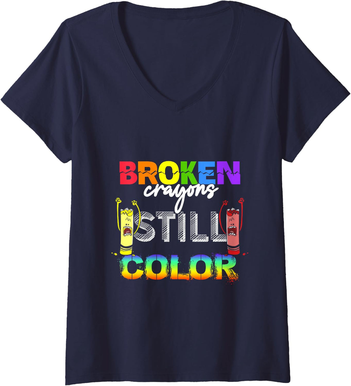 Women's Broken Crayons Still Color Mental Health Awareness V-Neck T-Shirt - Navy Blue
