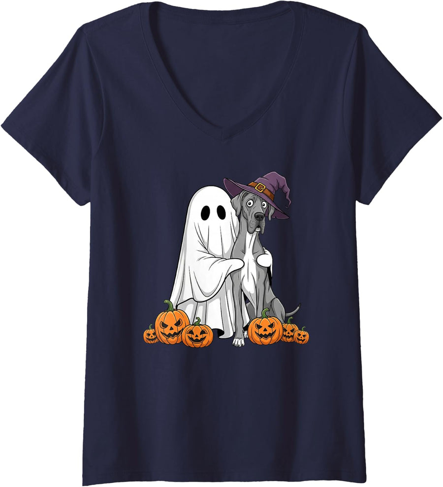Women's Funny Ghost Great Dane Pumpkin Halloween Kids Mens Womens V-Neck T-Shirt - Navy Blue