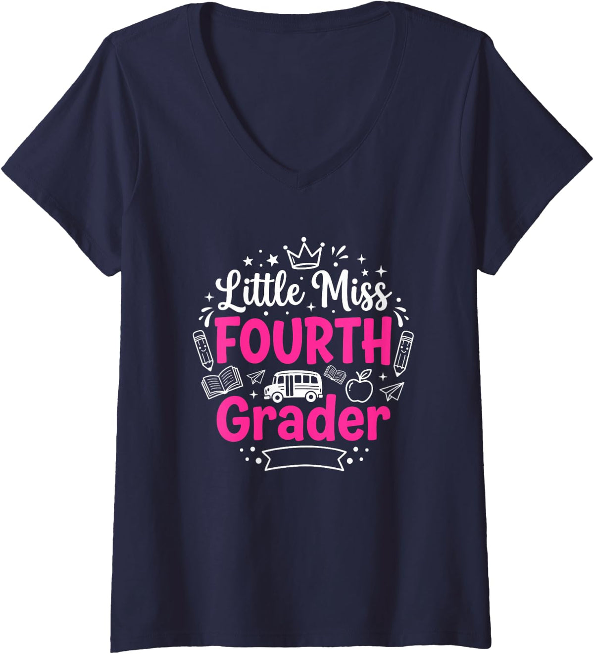 Women's Cute Little Miss 4th Grader First Day of Fourth Grade Girls V-Neck T-Shirt - Navy Blue