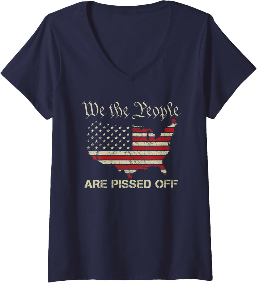 Womens We The People Are Pissed Off - Patriotic Rights USA Flag V-Neck T-Shirt - Navy Blue