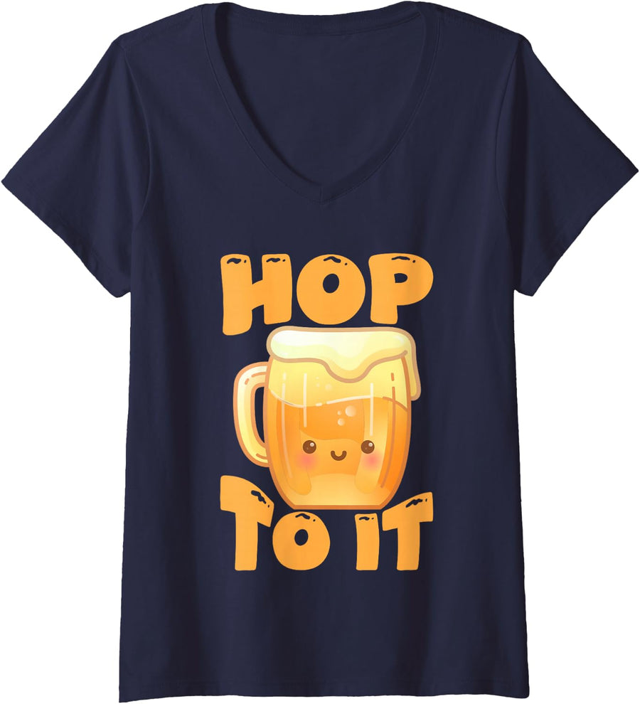 Women's Hop to It Cute Kawaii Beer Mug Brew Lover Design V-Neck T-Shirt - Navy Blue