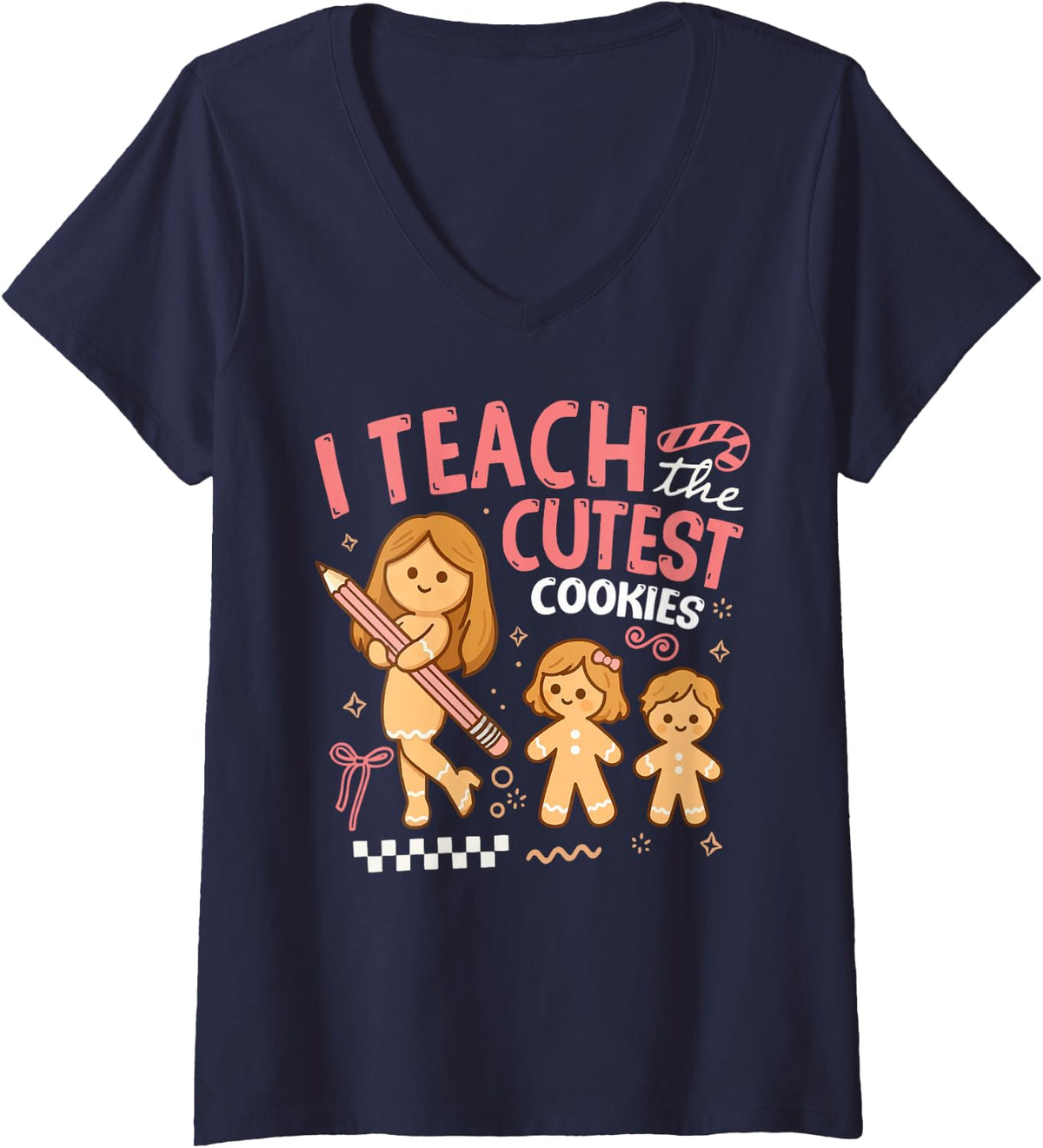 Women's I Teach Cutest Cookies Teacher Christmas Gingerbread Groovy V-Neck T-Shirt - Navy Blue
