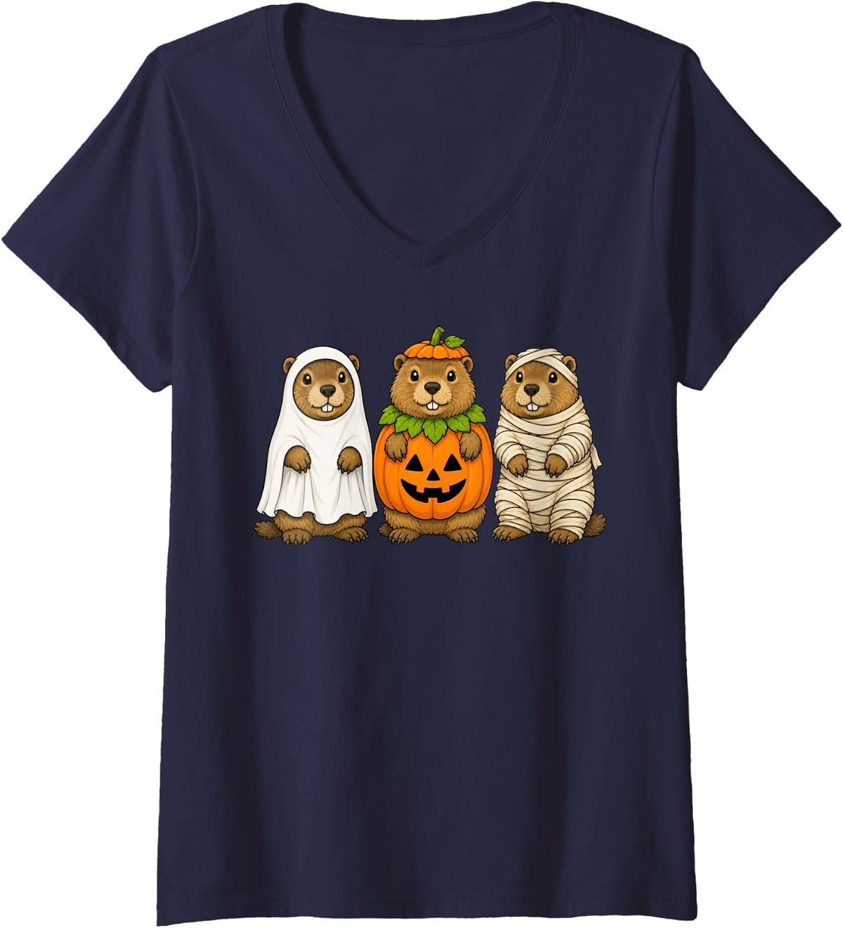 Women's Spooky Groundhog Pumpkin Ghost Halloween V-Neck T-Shirt - Navy Blue