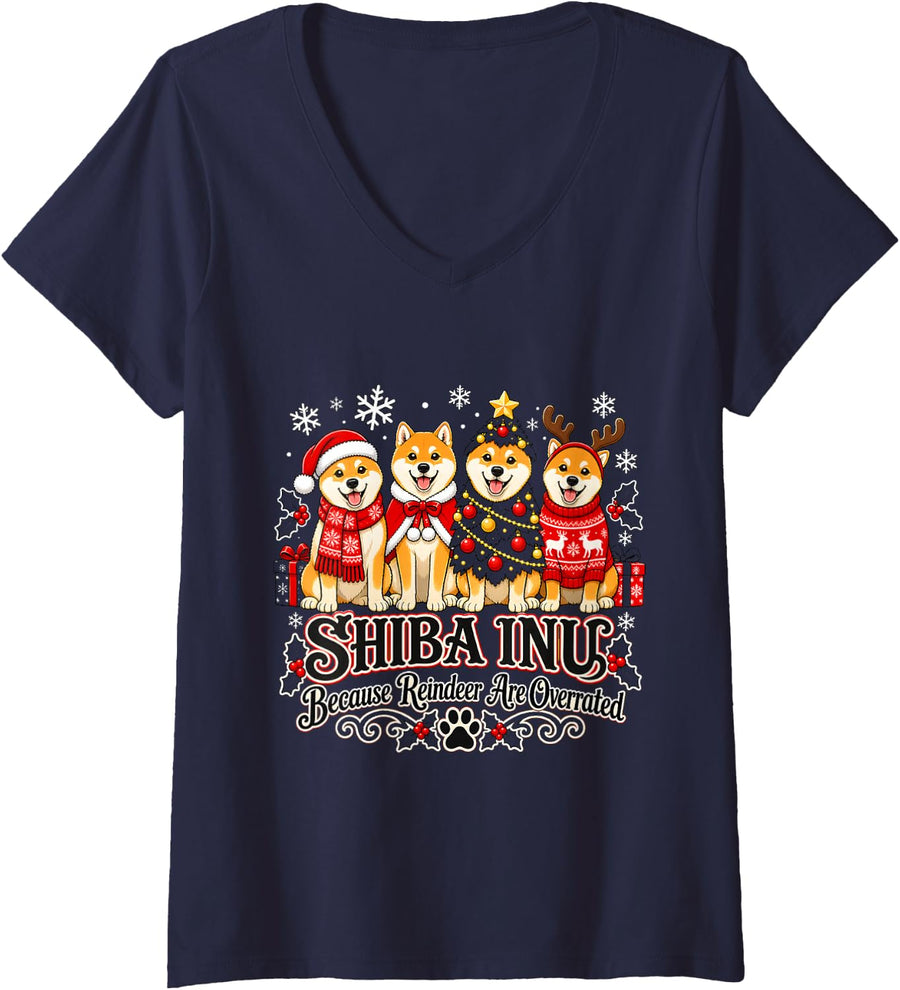 Women's Shiba Inu Christmas Because Reindeer are Overrated V-Neck T-Shirt - Navy Blue