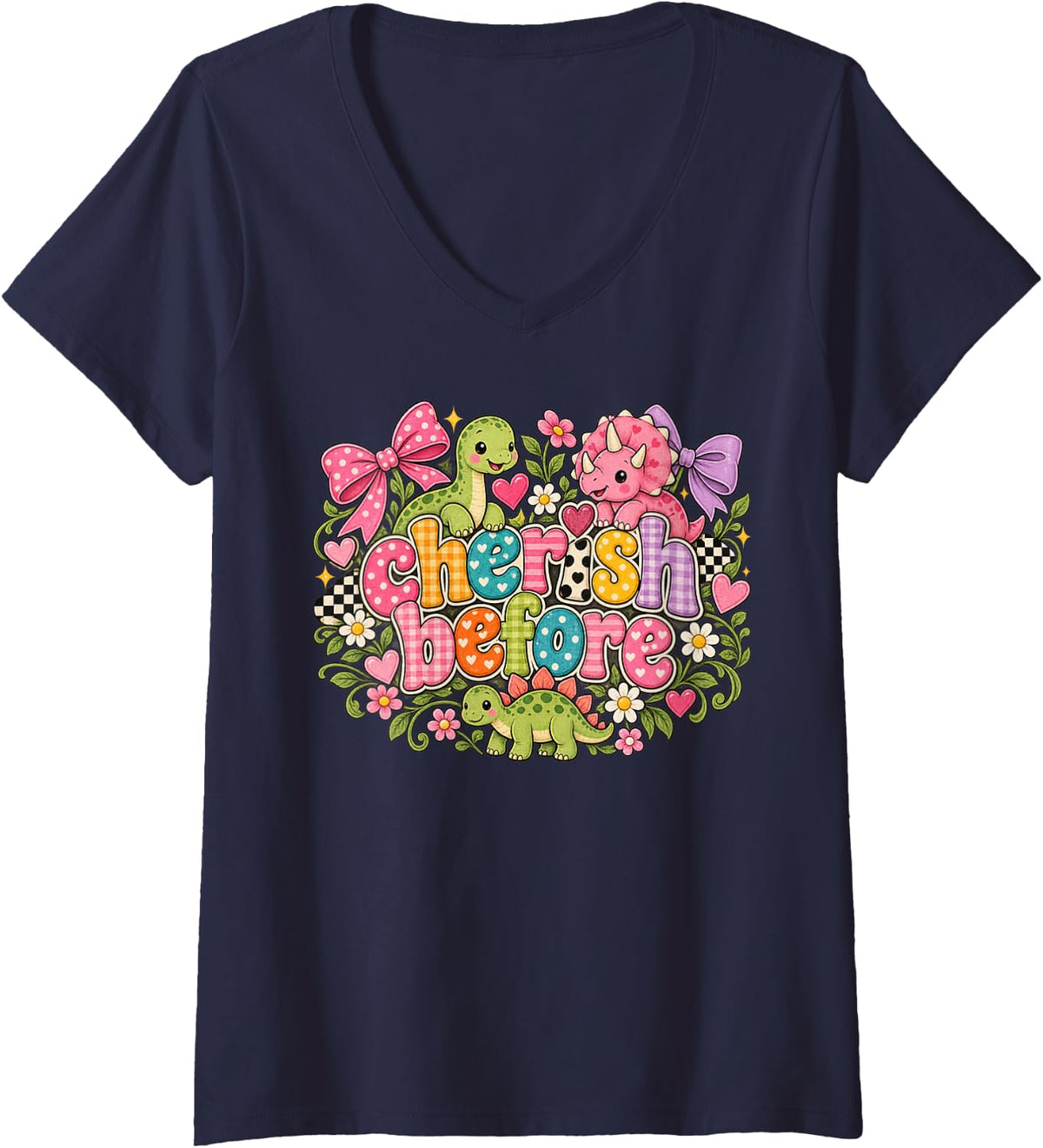 Women's Cute Dinosaur Lover Pastel Dino Hearts V-Neck T-Shirt - Navy Blue