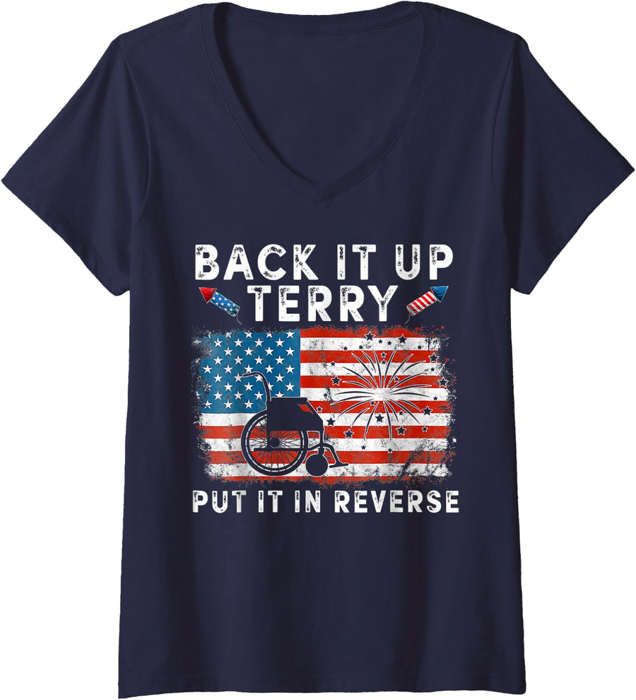 Women's Back Up Terry Put It in Reverse Firework Funny 4th of July V-Neck T-Shirt - Navy Blue