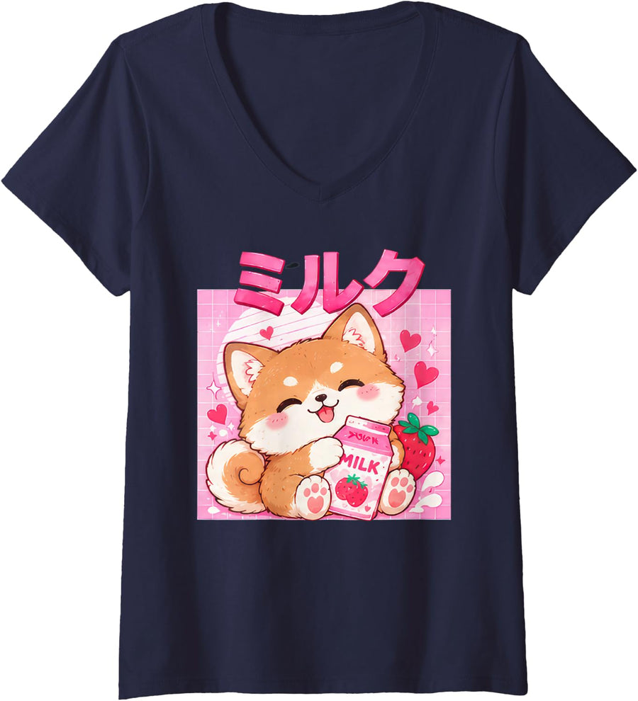Women's Japanese Strawberry Milk Shiba Inu Anime Girl Kawaii Pink V-Neck T-Shirt - Navy Blue