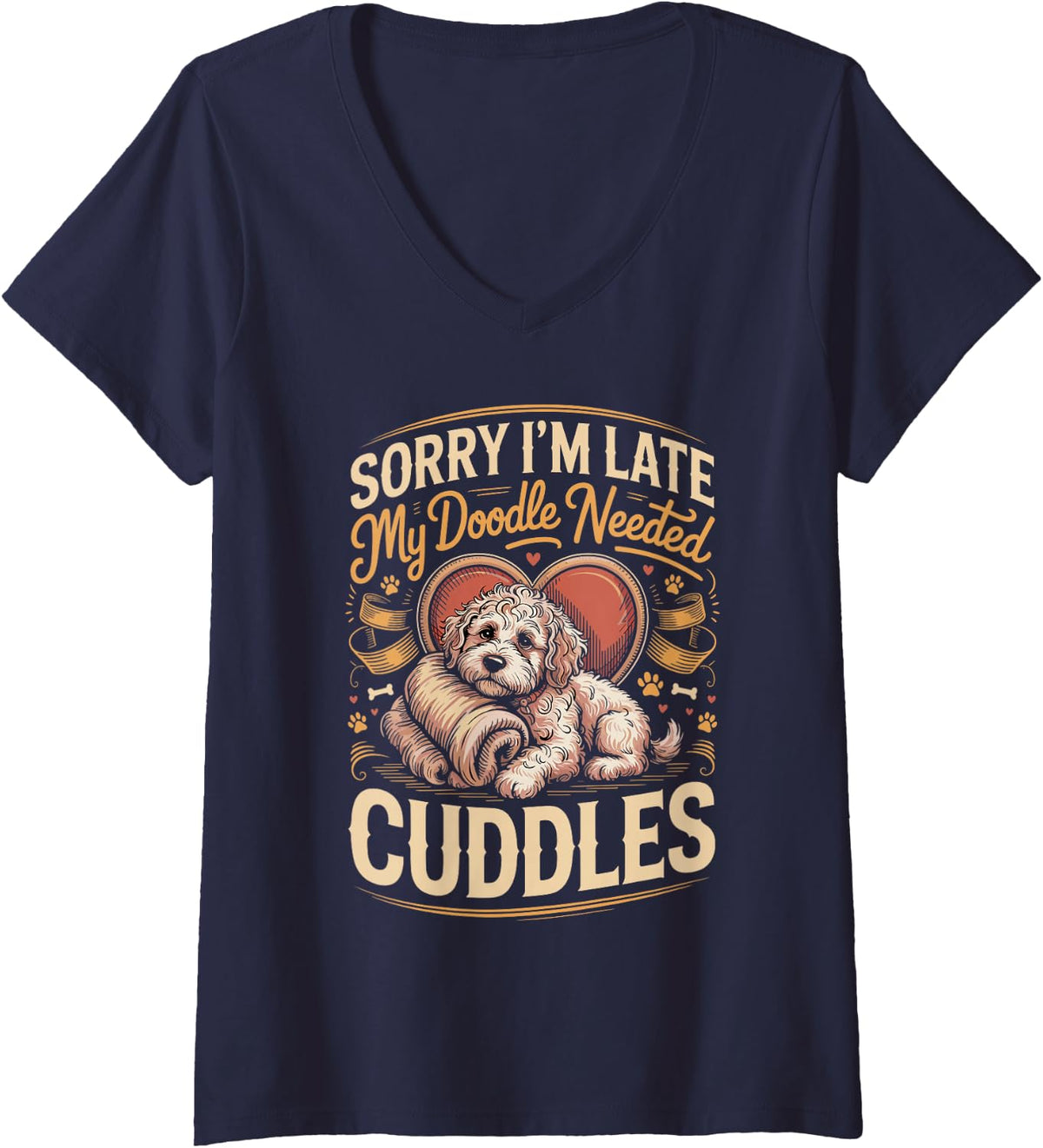 Women's Sorry I'm Late My Doodle Needed Cuddles Labradoodle V-Neck T-Shirt - Navy Blue