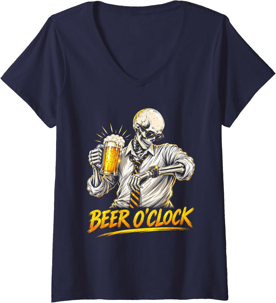 Women's Funny Beer O Clock Skeleton Drinking Beer Lover V-Neck T-Shirt - Navy Blue