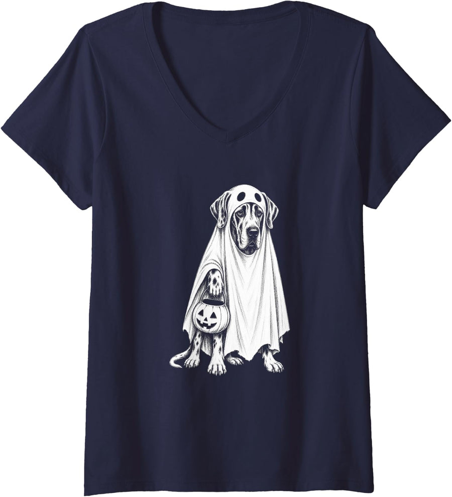 Women's Great Dane Halloween Dog Lover Spooky Ghost Scary Great Dane V-Neck T-Shirt - Navy Blue