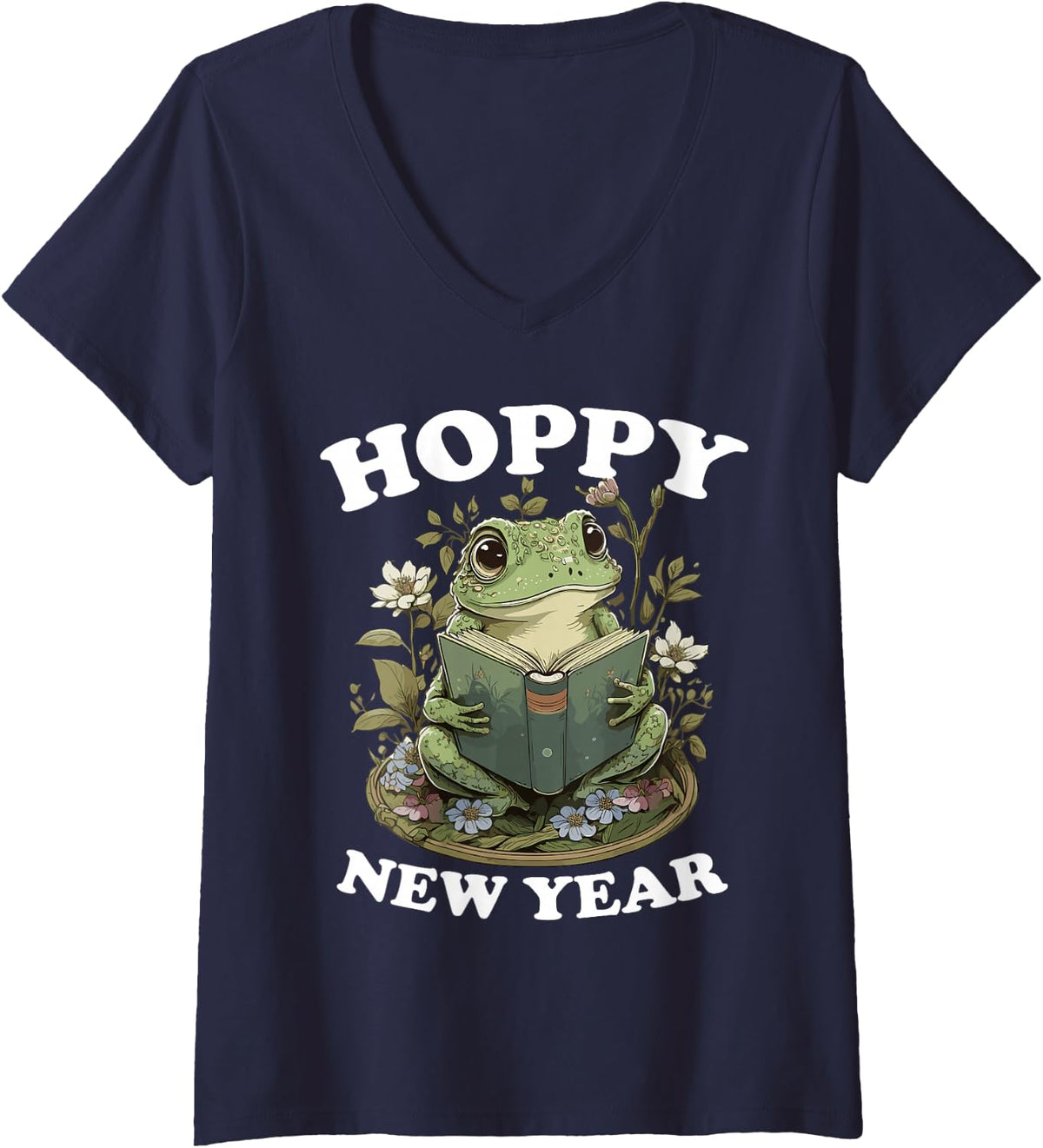 Women's Hoppy New Year 2024 Funny New Years Frog Pun Kawaii Unisex V-Neck T-Shirt - Navy Blue
