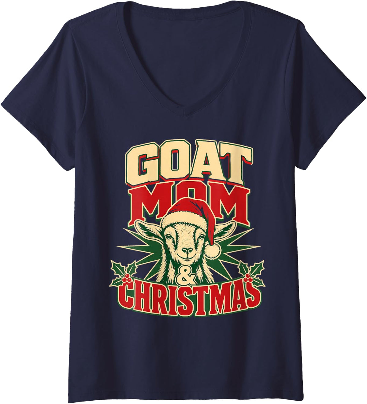 Women's Goat Mom & Christmas Farm Animal V-Neck T-Shirt - Navy Blue