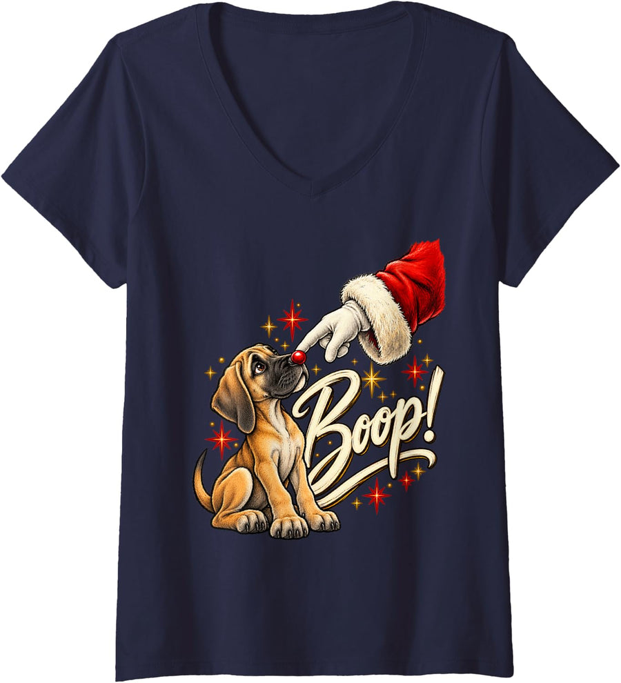 Women's Boop! Great Dane Happy Santa Christmas Red Nose Men Women V-Neck T-Shirt - Navy Blue