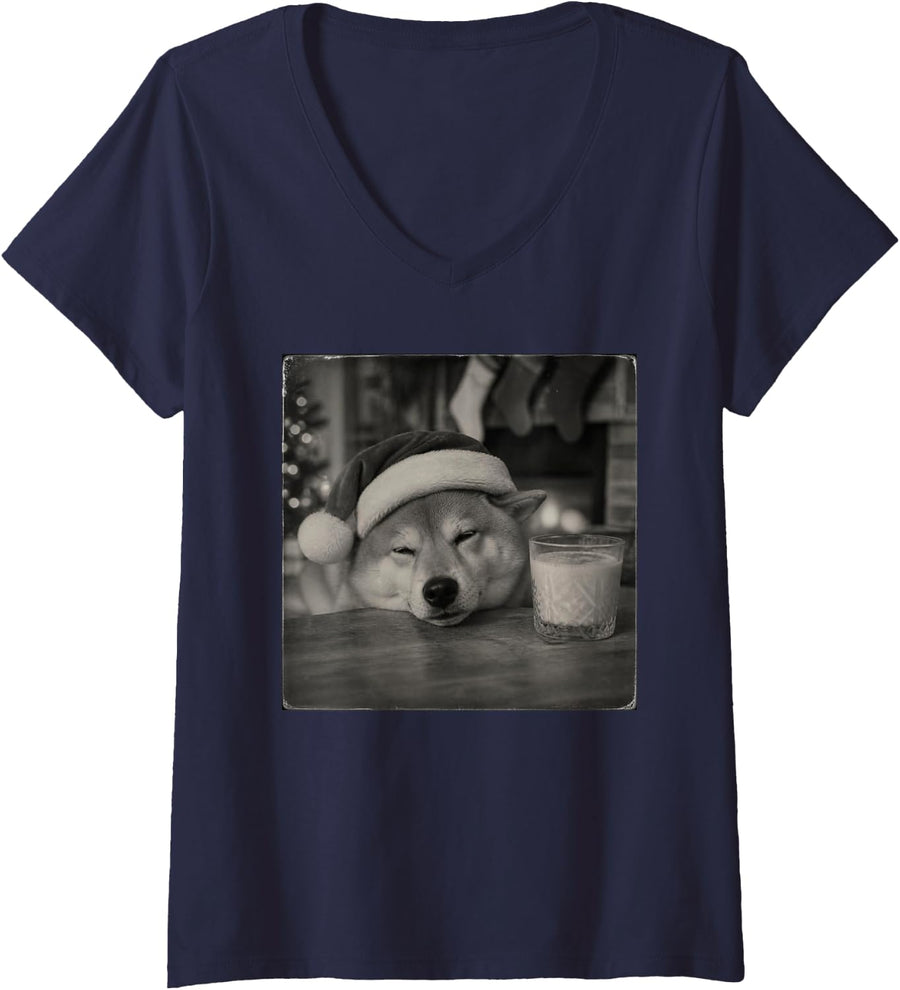 Women's Funny Christmas Shiba Inu V-Neck T-Shirt - Navy Blue